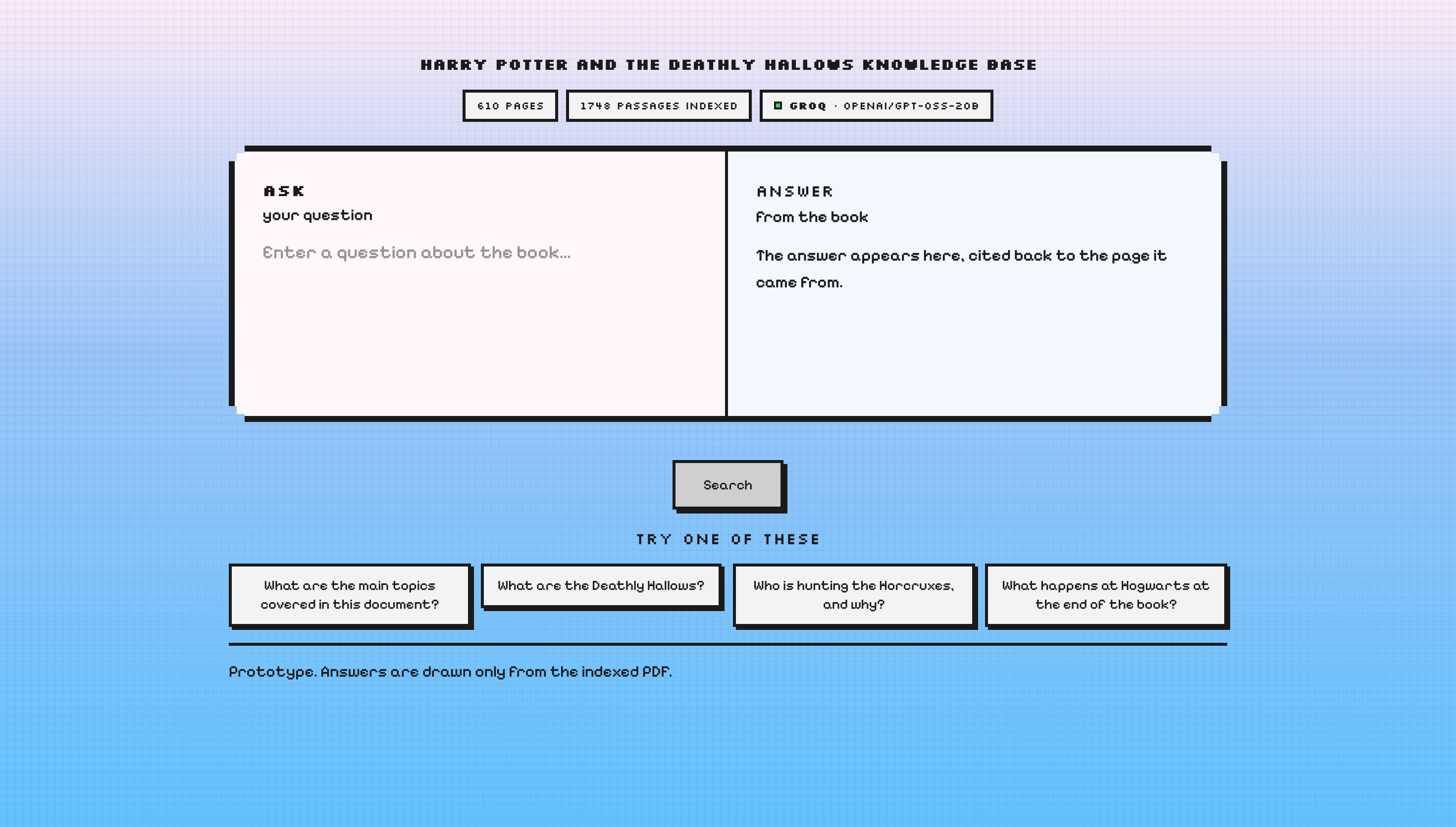 Pixel interface of a RAG demo that answers questions from an uploaded PDF, showing 610 pages and 1,748 indexed passages